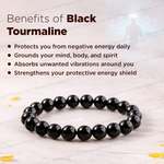 Black tourmaline bracelet with benefits listed on a light background