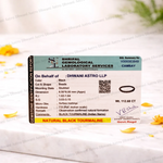 Shrilal Gemological Laboratory Services identification report for a natural black tourmaline stone on a white background with yellow flowers.