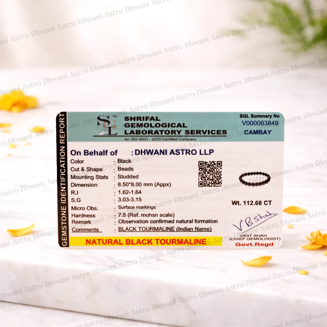 Shrilal Gemological Laboratory Services identification report for a natural black tourmaline stone on a white background with yellow flowers.Black Tourmaline Bracelet for Protection, Grounding & Stress Relief