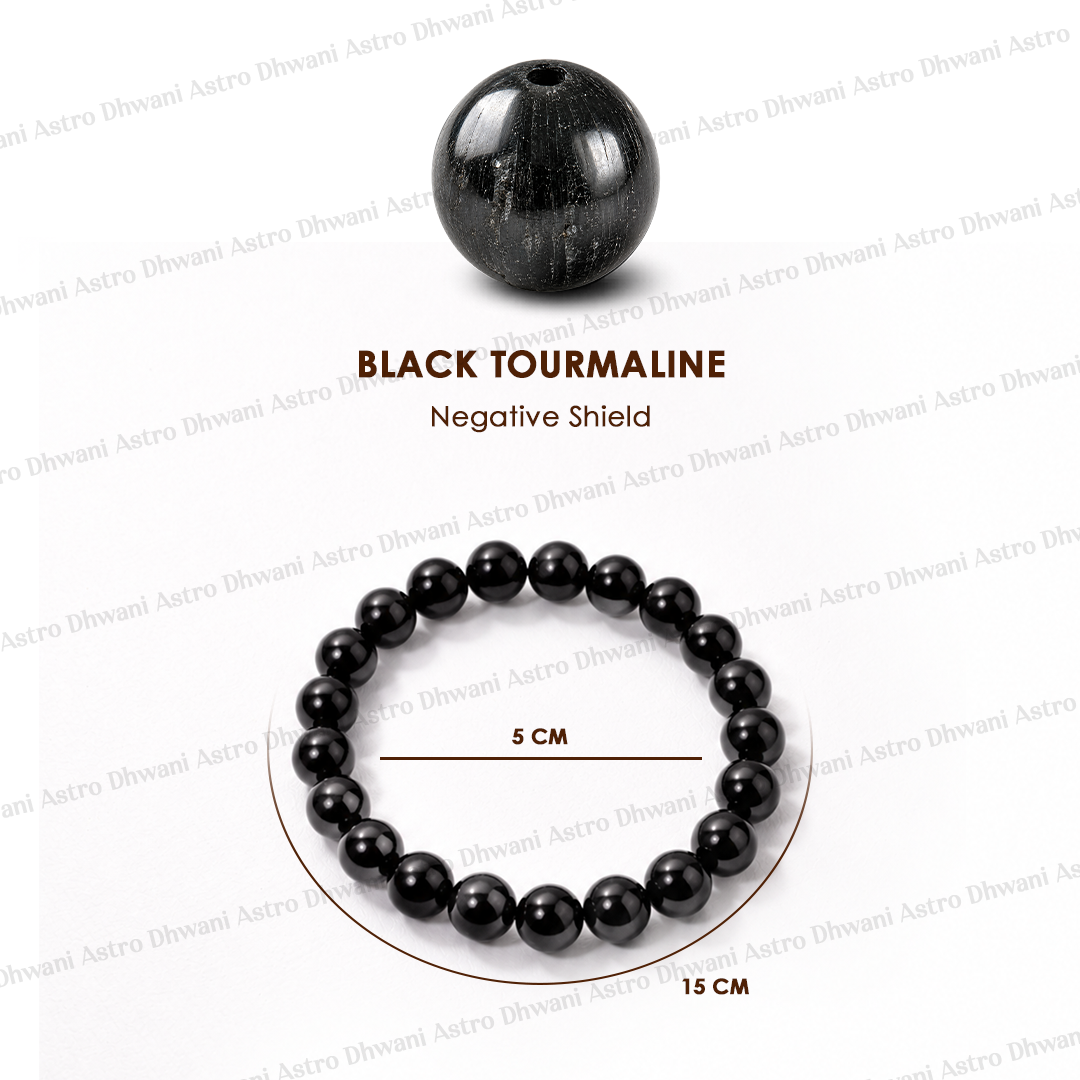 Black tourmaline bead and bracelet on a white background with text indicating 'Negative Shield'.