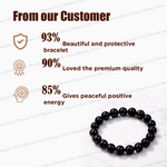 Black beaded bracelet with customer feedback on a white background