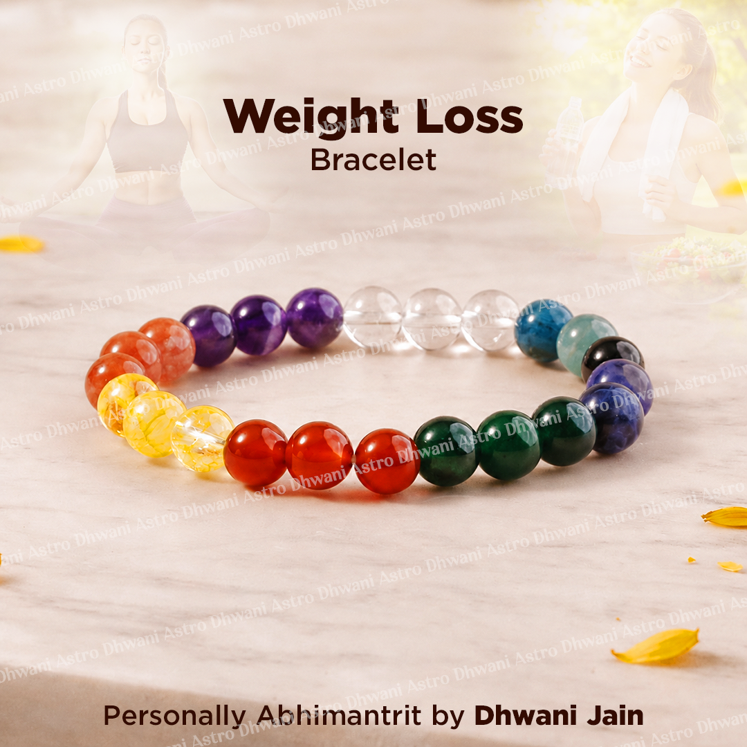 Colorful beaded bracelet on a light background with text 'Weight Loss Bracelet' and 'Personally Abhimantrit by Dhwani Jain'.