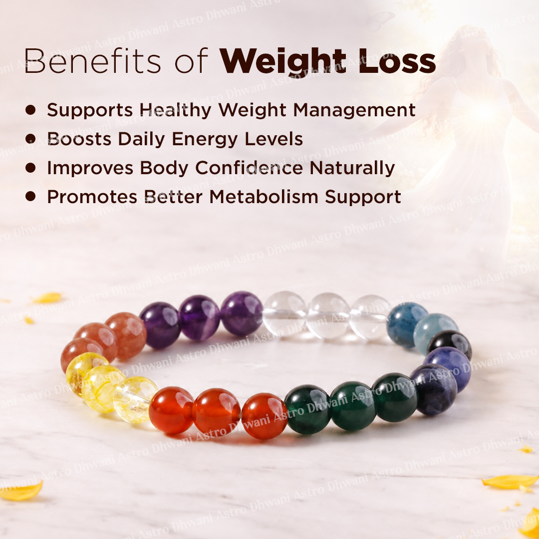 Colorful beaded bracelet with text about weight loss benefits on a light background