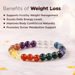 Colorful beaded bracelet with text about weight loss benefits on a light background