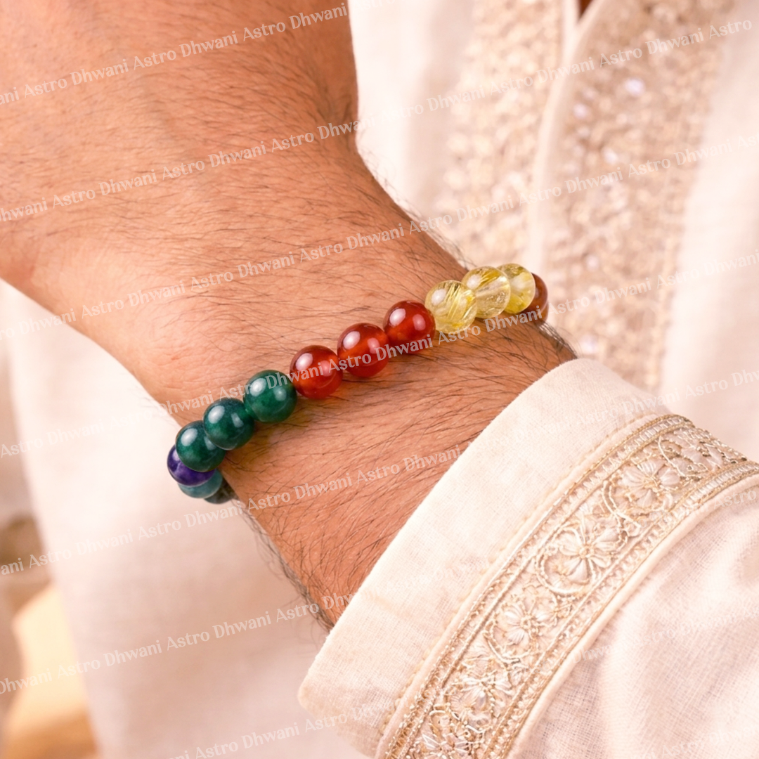Multicolored beaded bracelet on a wrist with a light pink fabric backgroundWeight Loss Bracelet (Abhimantrit) for Discipline & Fitness