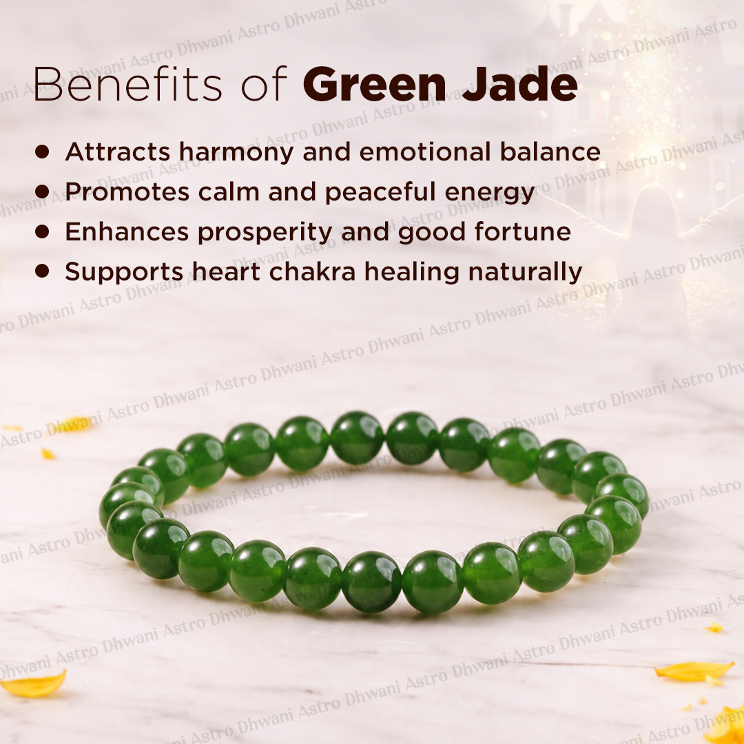 Green jade bracelet with text on benefits on a light backgroundGreen Jade Bracelet for Luck, Positivity & Emotional Balance