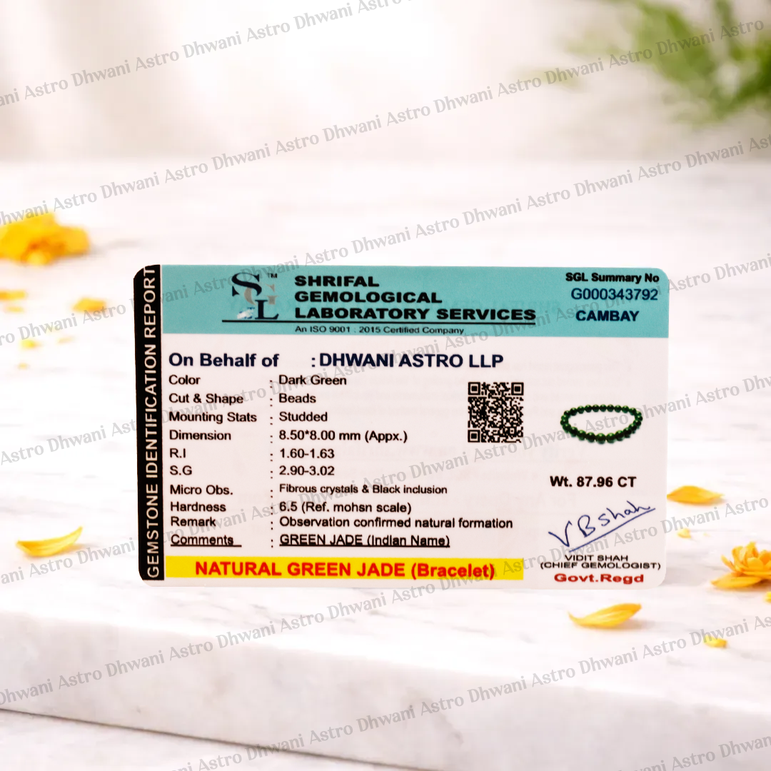 Shri Lal Gemological Laboratory Services identification report for a natural green jade bracelet on a white background with yellow flowers.