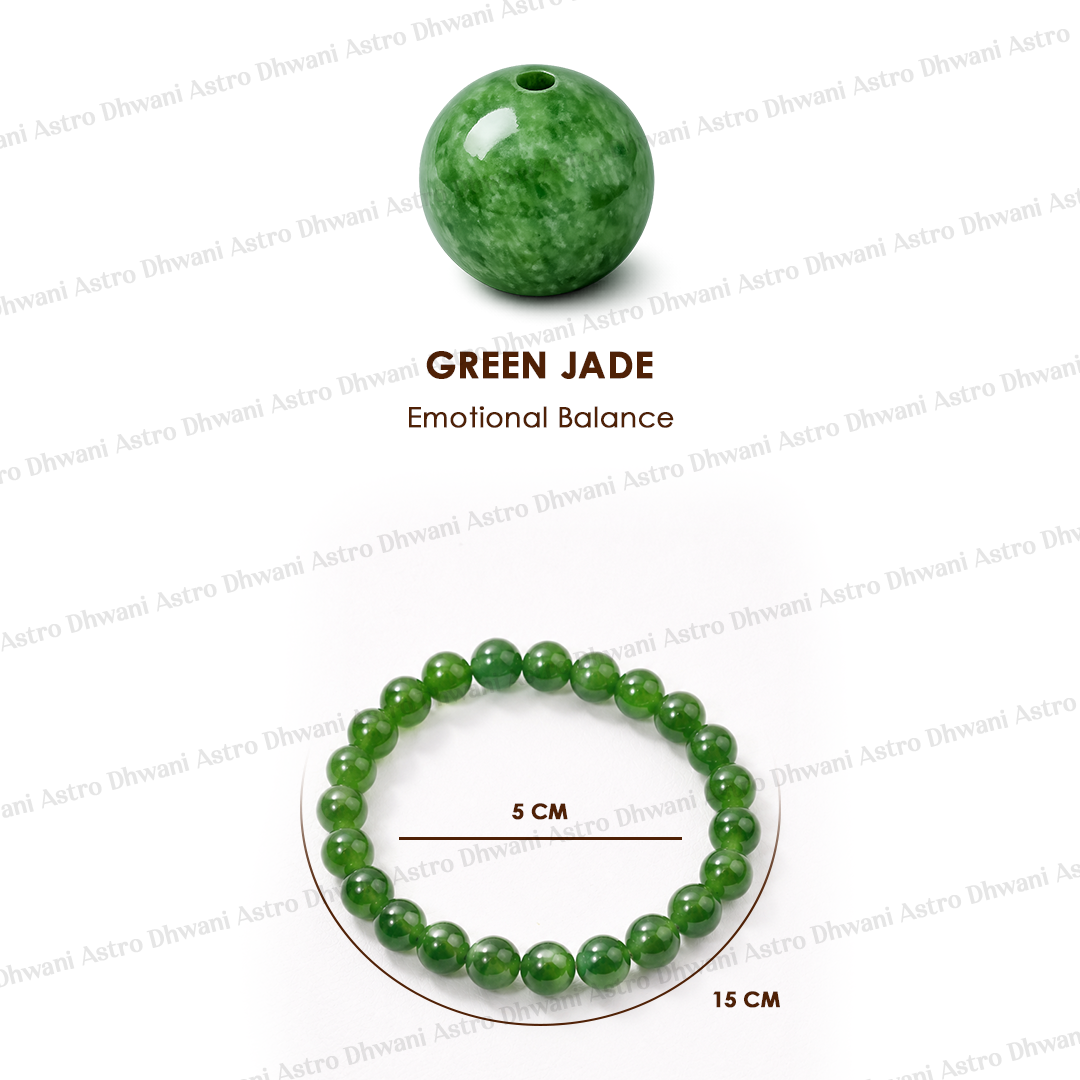 Green jade bead and bracelet with measurements on a white backgroundGreen Jade Bracelet for Luck, Positivity & Emotional Balance