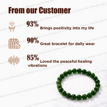 Green beaded bracelet with customer feedback on a white background