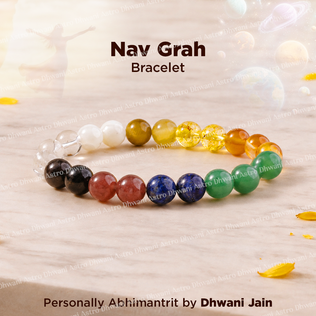 Nav Grah bracelet with colorful beads on a light wooden background