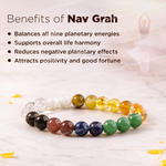 Colorful beaded bracelet with text about the benefits of Nav Grah on a light background
