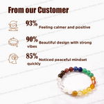 Multicolored beaded bracelet with customer feedback on a white background