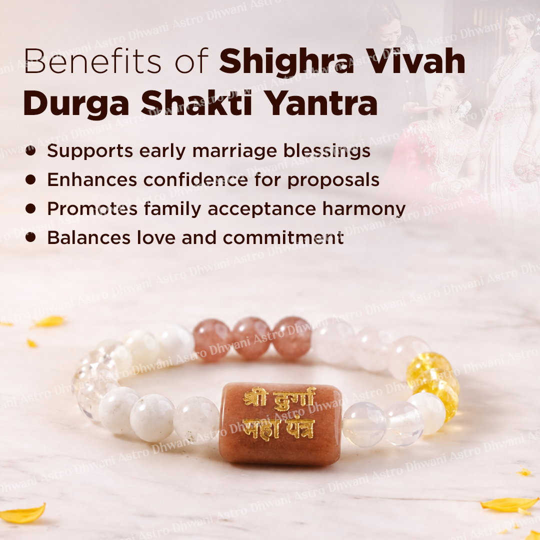 Durga Shakti Yantra bracelet with text on benefits on a light background