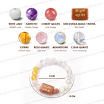 Colorful beaded bracelet with various stones and their energies on a white background