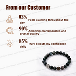 Black beaded bracelet with a silver charm on a white background, featuring customer feedback text.