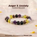 Colorful beaded bracelet on a textured surface with text 'Anger & Anxiety Control Bracelet' and 'Personally Abhimantrit by Dhwani Jain'.