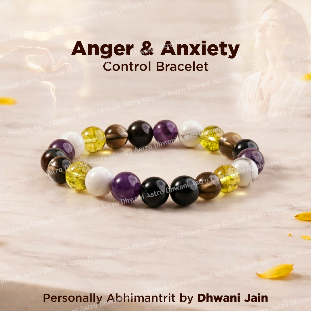 Colorful beaded bracelet on a textured surface with text 'Anger & Anxiety Control Bracelet' and 'Personally Abhimantrit by Dhwani Jain'.