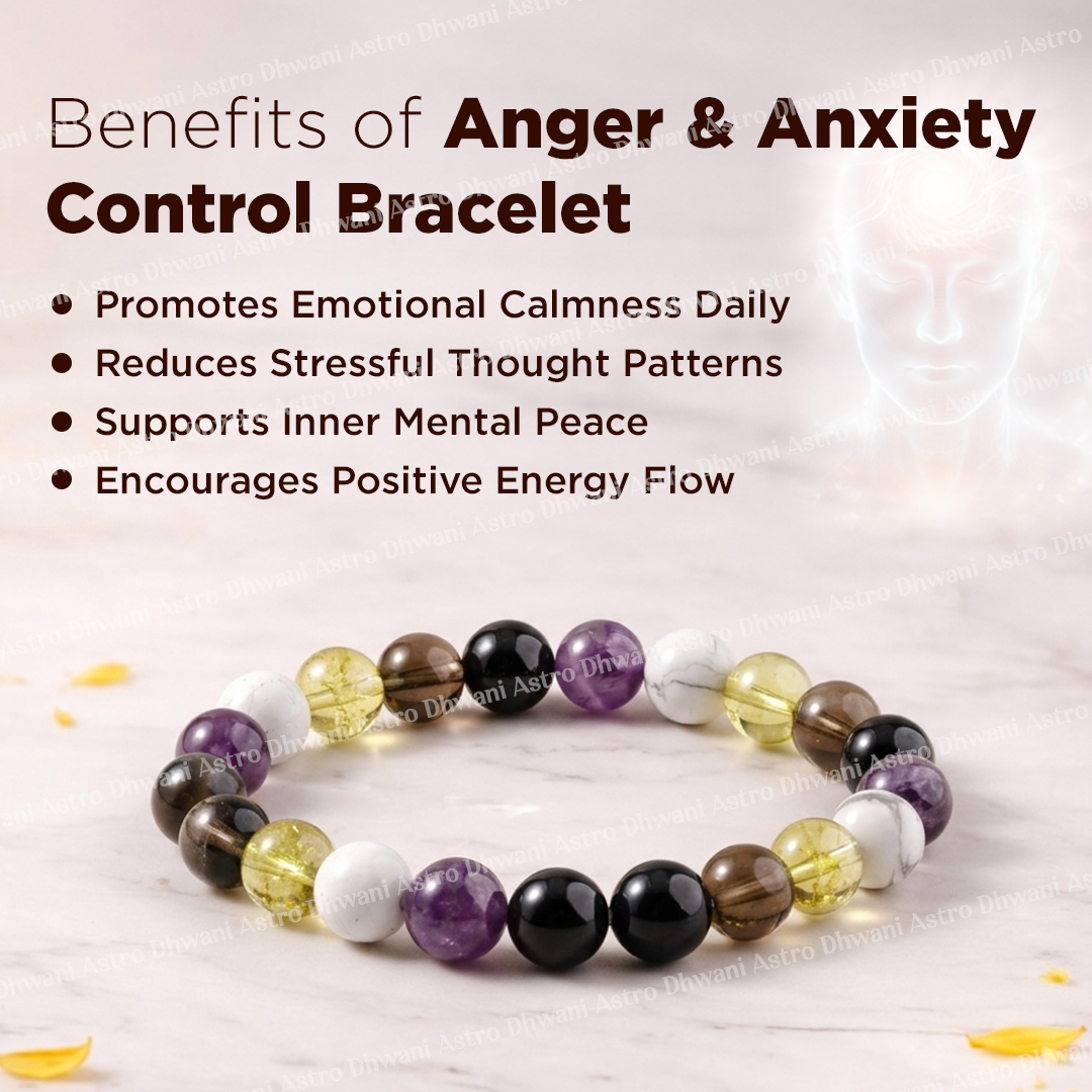 Colorful beaded bracelet with text on benefits on a light background