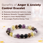 Colorful beaded bracelet with text on benefits on a light background