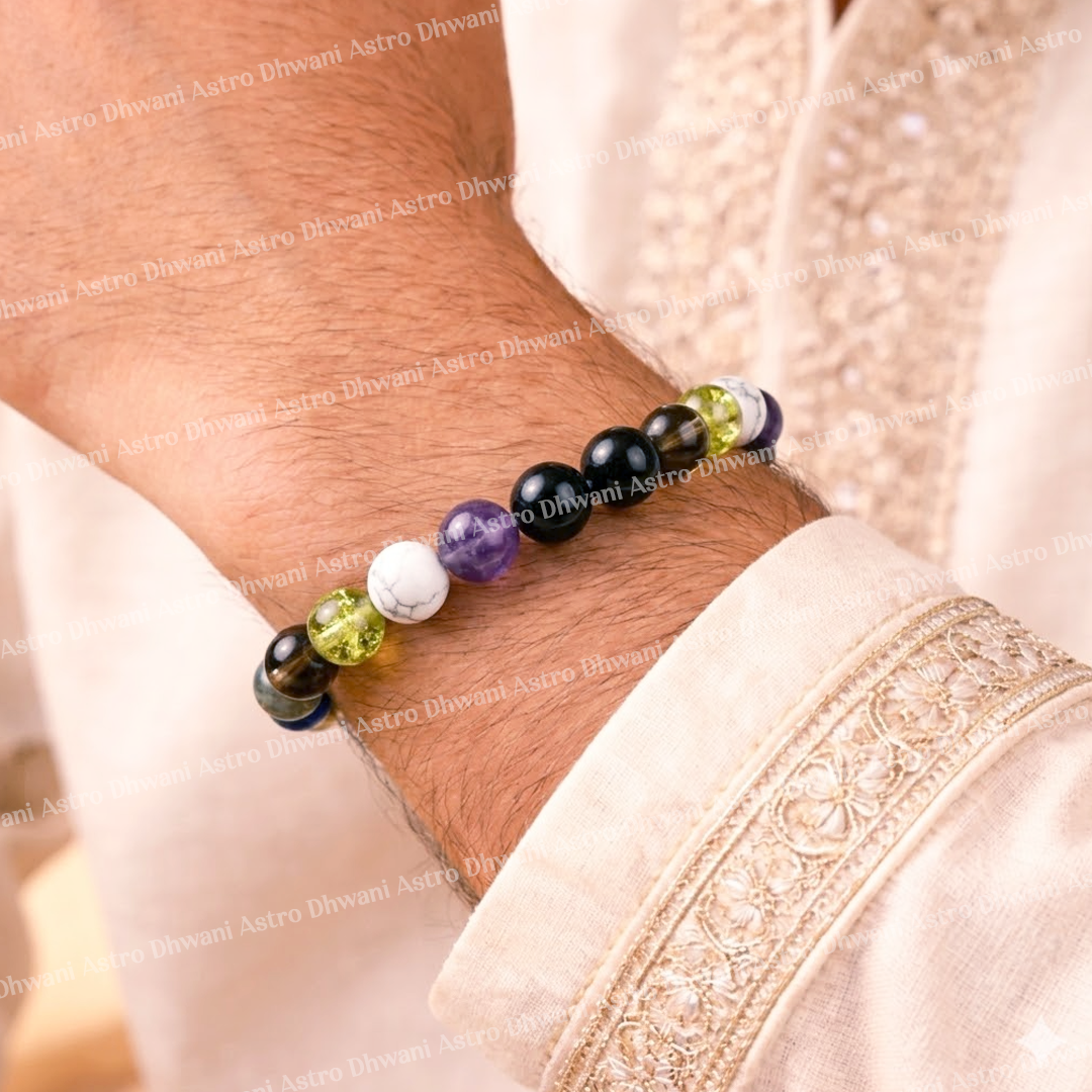 Multicolored beaded bracelet on a wrist with a light background