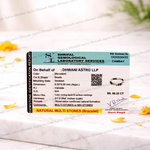 Shriraf Gemological Laboratory Services identification report on a white surface with decorative elements.