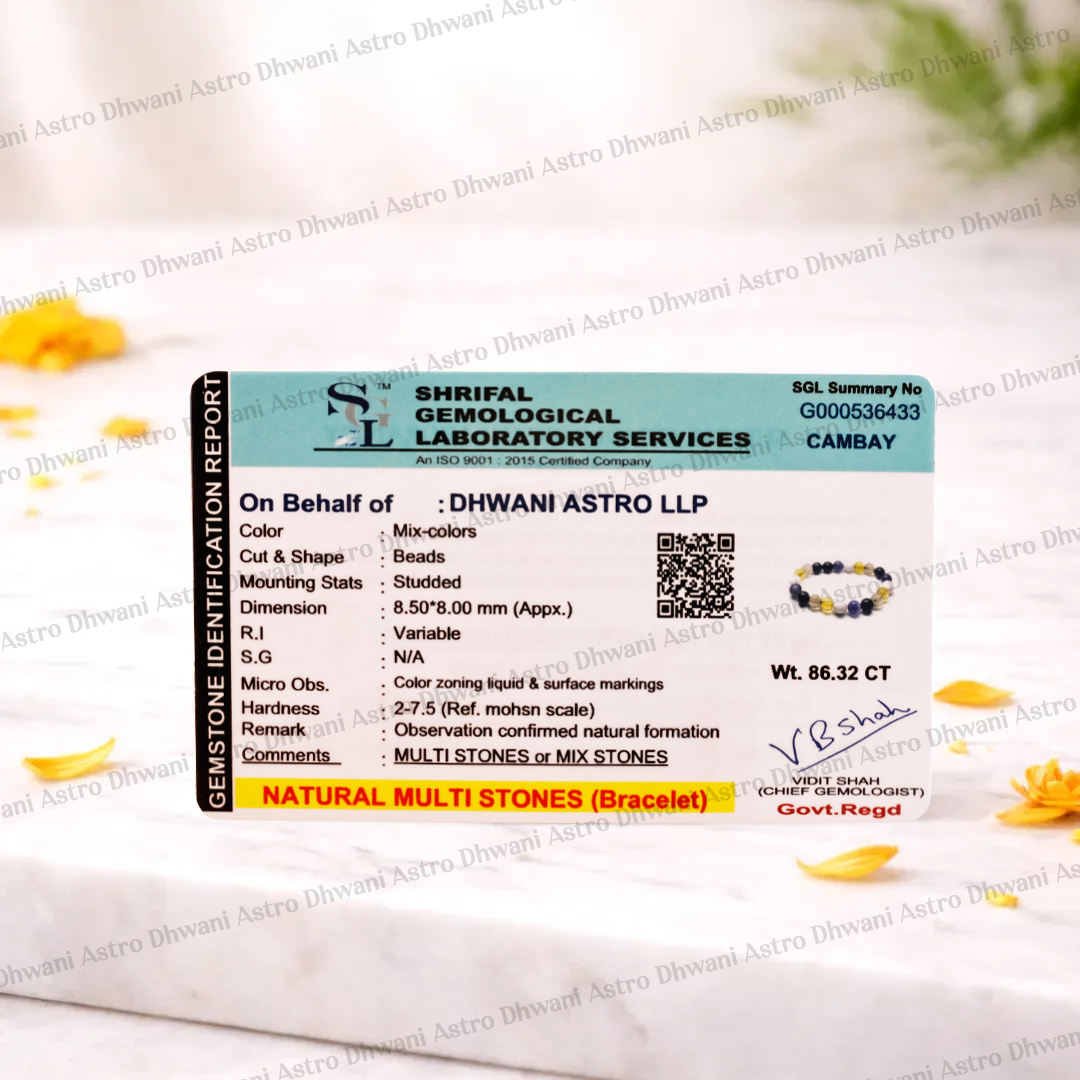 Shriraf Gemological Laboratory Services identification report on a white surface with decorative elements.