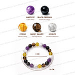 Colorful beaded bracelet with labeled beads on a white background