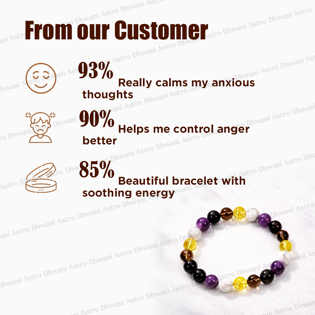 Beaded bracelet with customer testimonials on a white background