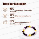 Beaded bracelet with customer testimonials on a white background