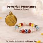 Gold pendant and colorful beaded bracelet on a light background with text 'Powerfull Pregnancy Suraksha Combo' and 'Personally Abhimantrit by Dhwani Jain'.