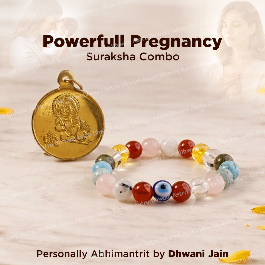 Gold pendant and colorful beaded bracelet on a light background with text 'Powerfull Pregnancy Suraksha Combo' and 'Personally Abhimantrit by Dhwani Jain'.