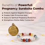Pregnancy suraksha combo with a gold pendant and colorful beads on a light background