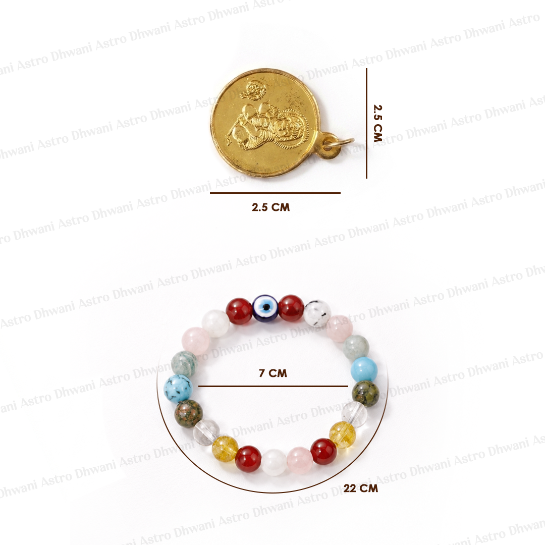 Multicolored beaded bracelet with measurements on a white background