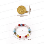 Multicolored beaded bracelet with measurements on a white background