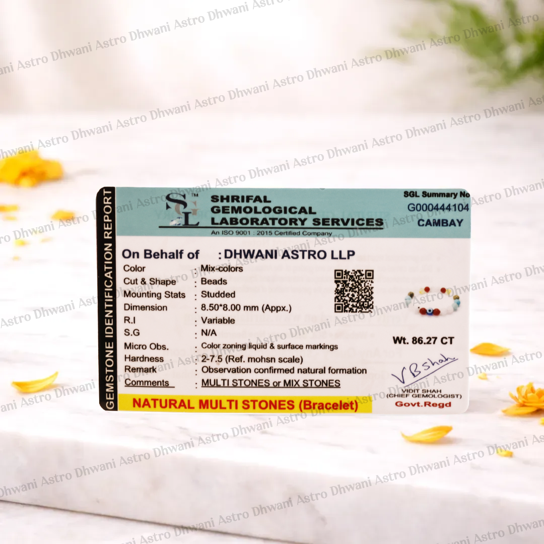 Sharifal Gemological Laboratory Services certificate for a natural multi-stones bracelet on a white background with yellow flowers.