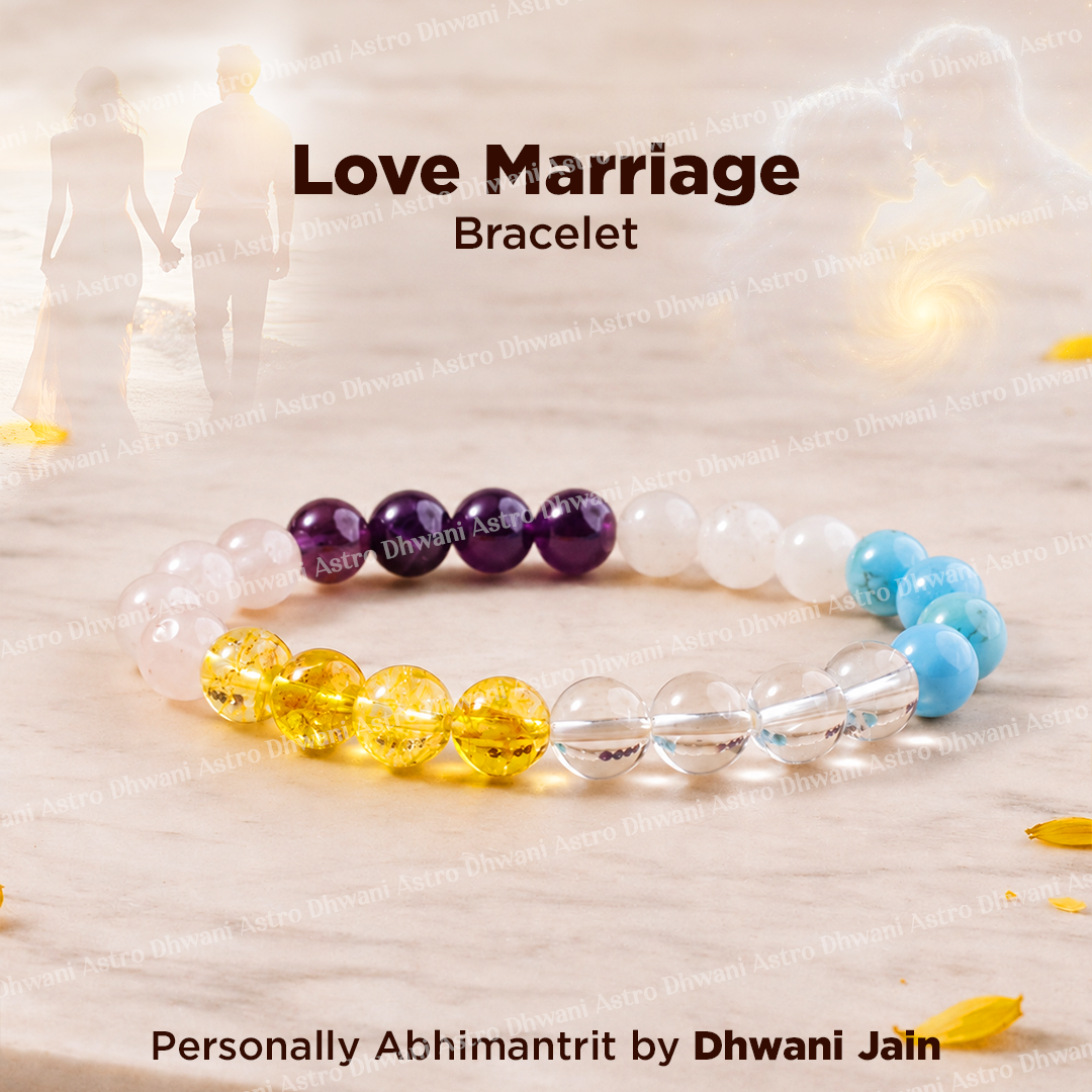 Colorful beaded bracelet with 'Love Marriage' text on a light background