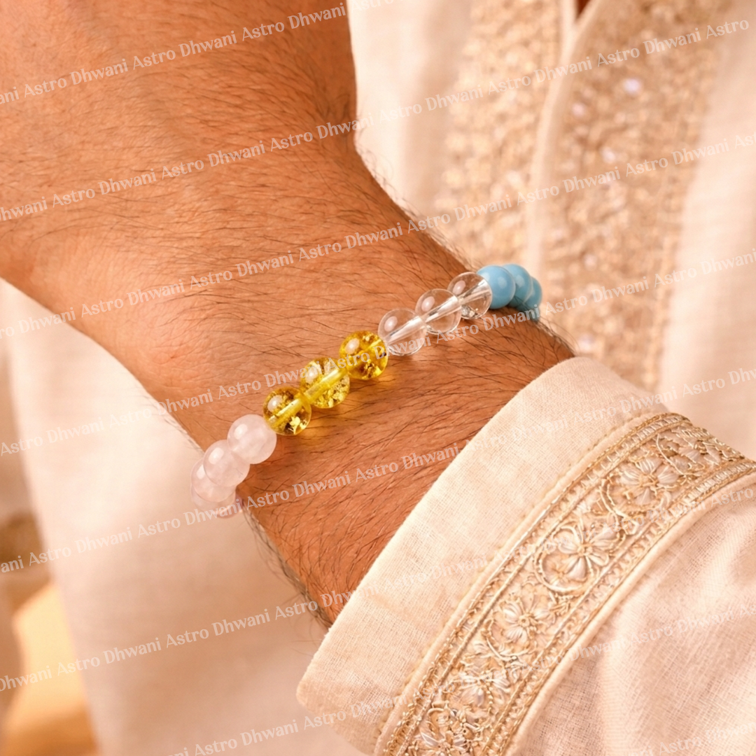 Close-up of a person wearing a bracelet with beads on a light fabric backgroundLove Marriage Bracelet for Attraction, Harmony & Relationship Success