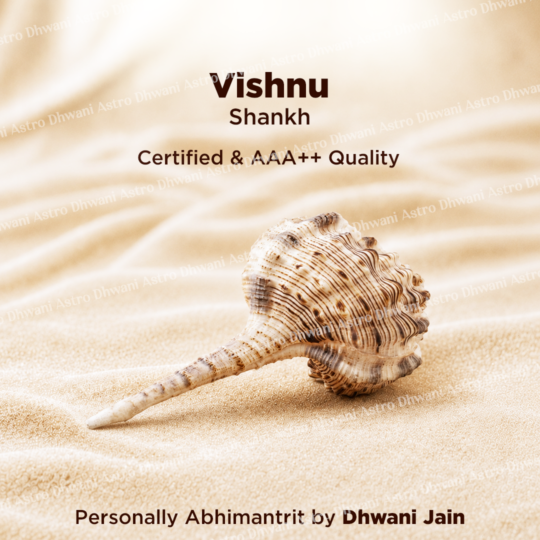 Shell on sand with 'Vishnu Shankh' text and branding
