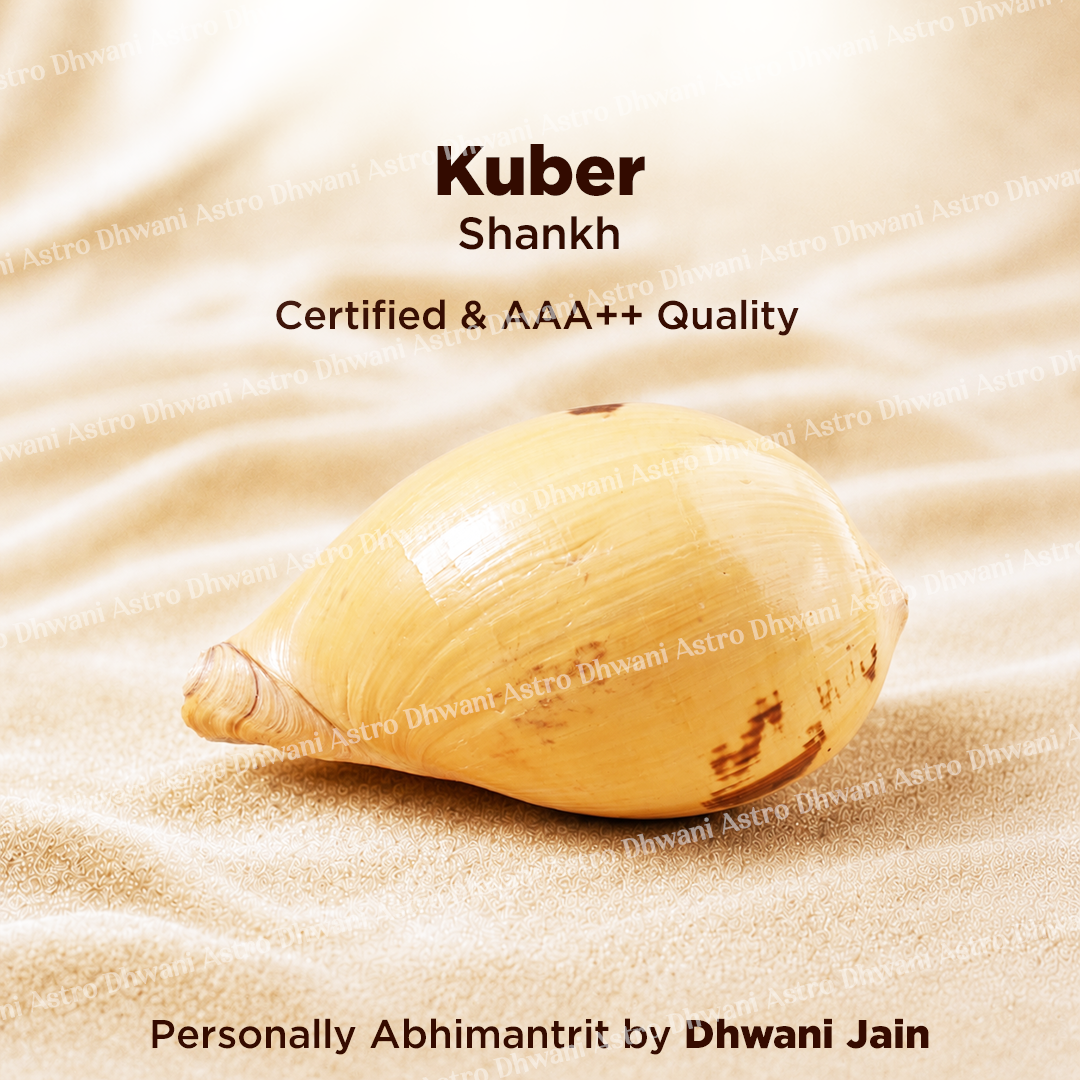Kuber Shankh on sand with 'Kuber' and 'Shankh' text above, 'Certified & AAA++ Quality' text below, and 'Personally Abhimantrit by Dhwani Jain' text at the bottom.