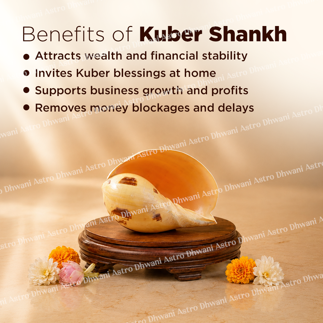 Kuber Shankh with benefits listed on a wooden stand against a beige background