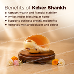 Kuber Shankh with benefits listed on a wooden stand against a beige background