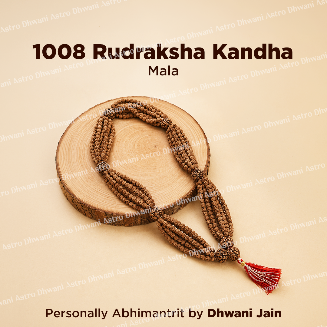 1008 Rudraksha Kandha Mala on a wooden block with branding text.