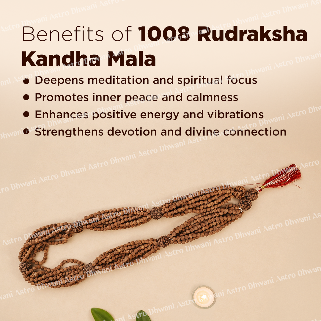 1008 Rudraksha Kandha Mala with text on benefits on a beige background