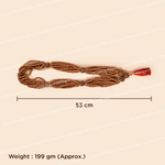 Beaded necklace with dimensions and weight on a beige background