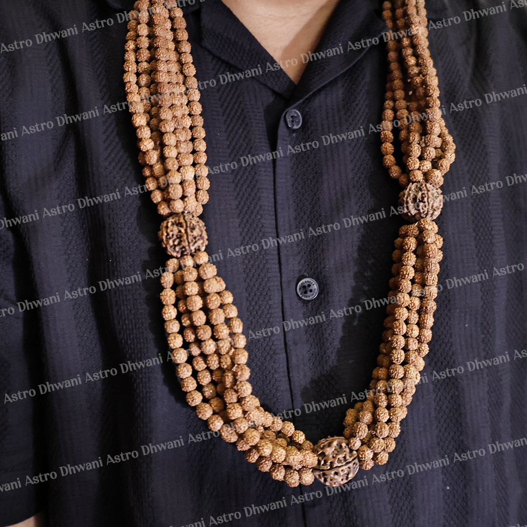 Long necklace with brown beads draped over a dark shirt1008 Rudraksha Kantha Mala – Spiritual Meditation Beads for Focus & Protection