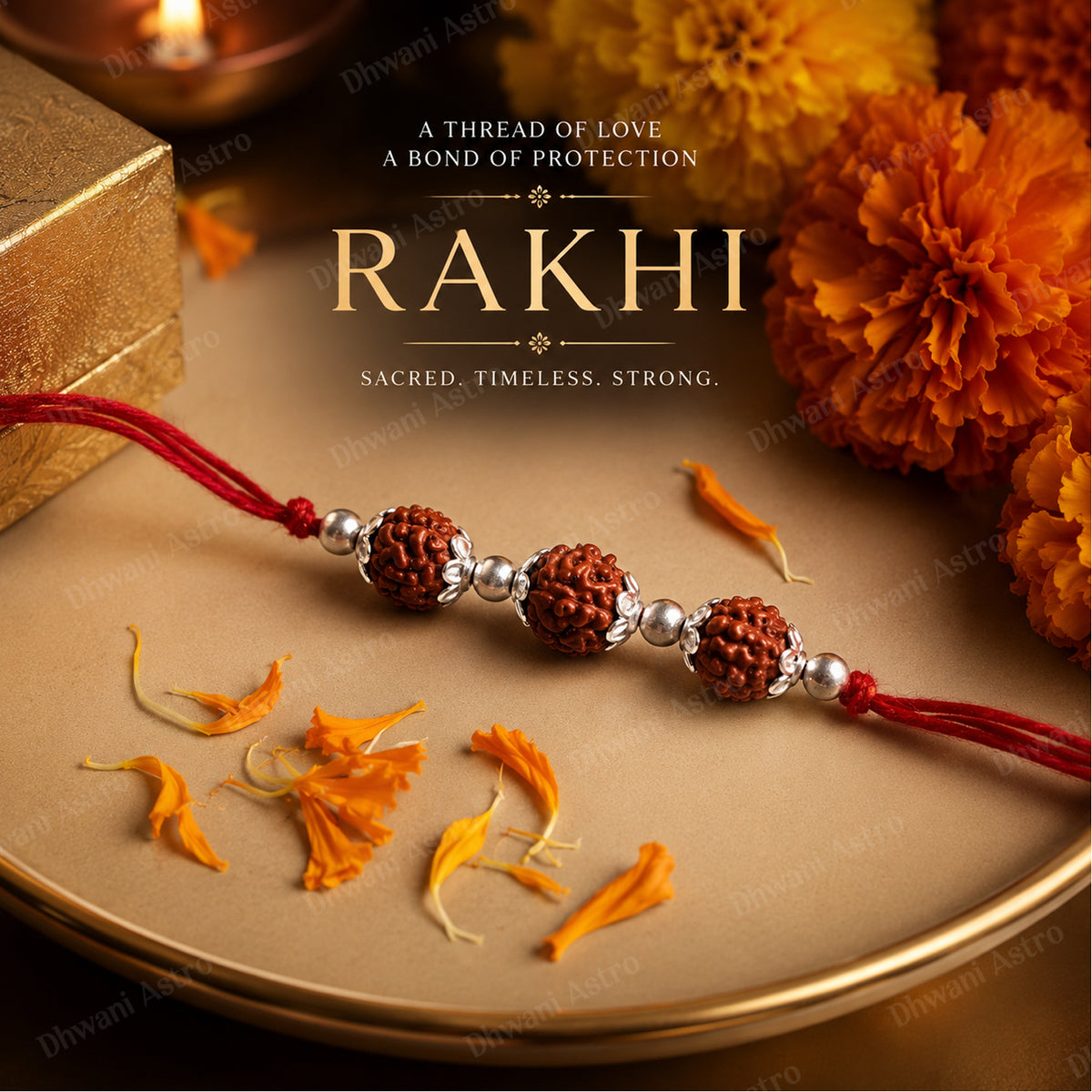 A red thread Rakhi bracelet with three brown Rudraksha beads and silver spacer beads, displayed on a beige plate with orange marigold flowers and a gold box in the background.