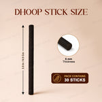 Product information graphic for Dhoop sticks showing a single dark charcoal stick on a beige background, with text indicating size 3.5 in / 9.