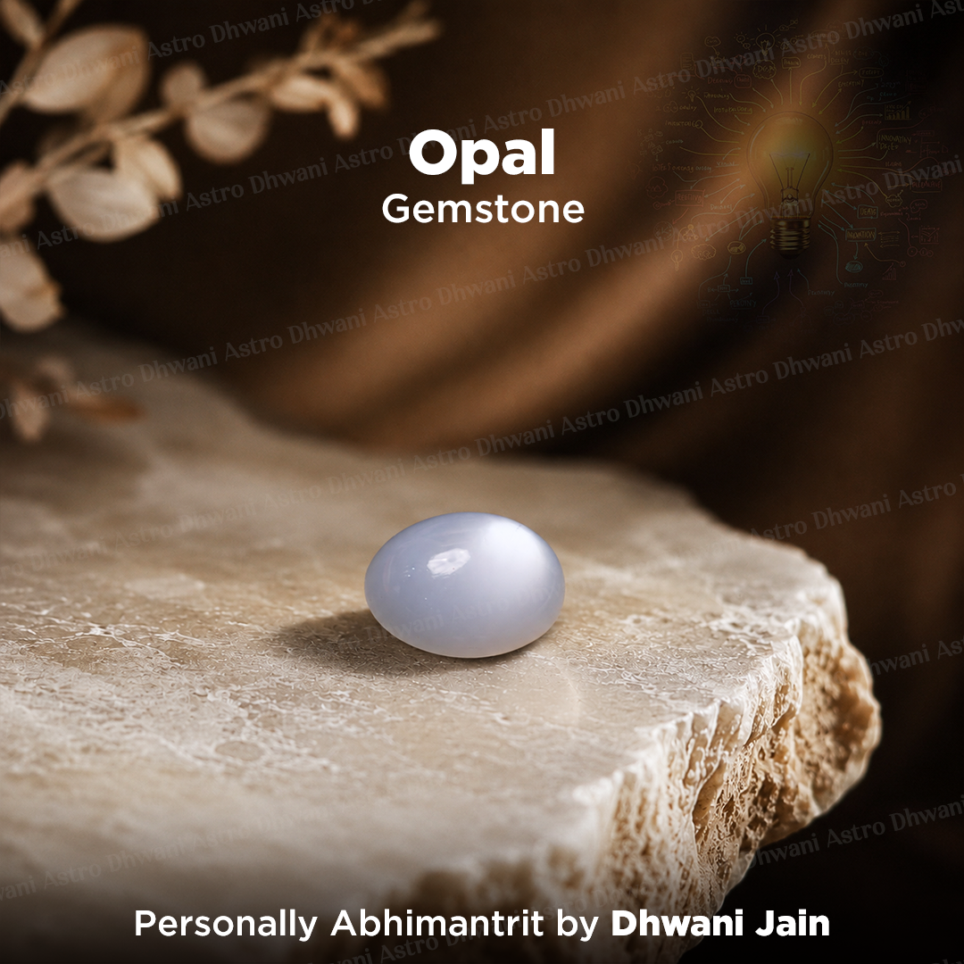 A polished oval opal gemstone with a pale icy blue-gray hue rests on a textured stone slab. The background is a warm, dark brown bokeh with dried floral elements, and text overlays read 'Opal Gemstone' and 'Personally Abhimanit by Dhwani Jain'.