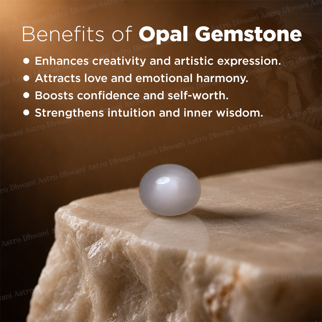 A single white opal gemstone rests on a polished stone slab against a warm brown background, with text listing the benefits of opal gemstones.
