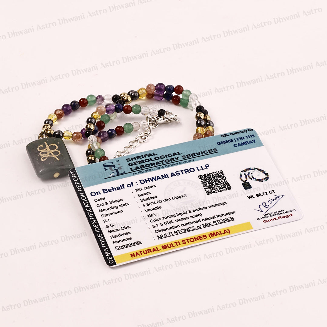 A beaded necklace with a dark gray rectangular pendant featuring a gold Vastu symbol, displayed next to a laboratory certificate card on a white background with faint watermarks.Business Success Crystal Mala for Wealth, Growth & Opportunities